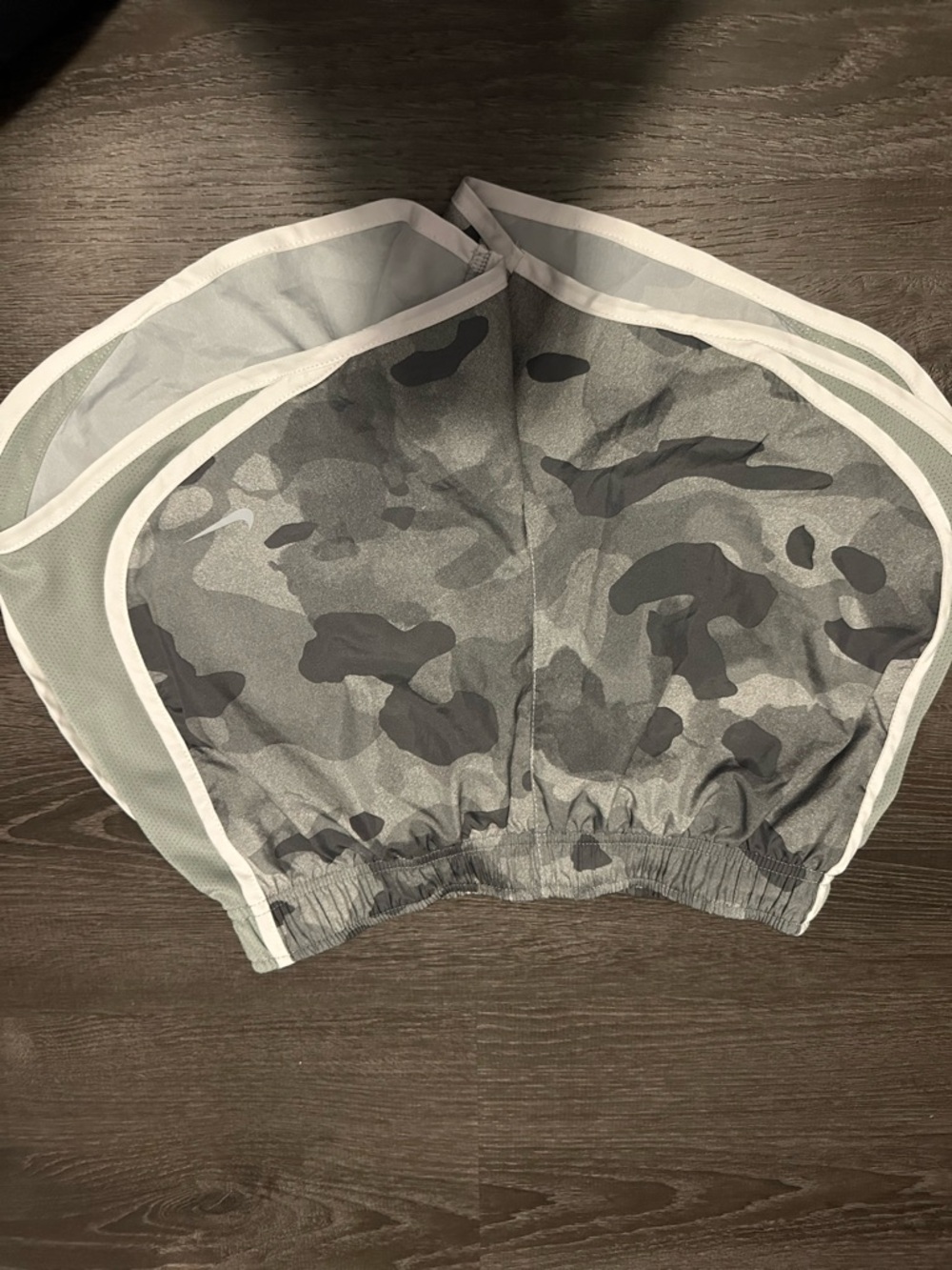 Nike Women's Gray Camo Athletic Shorts with White Trim